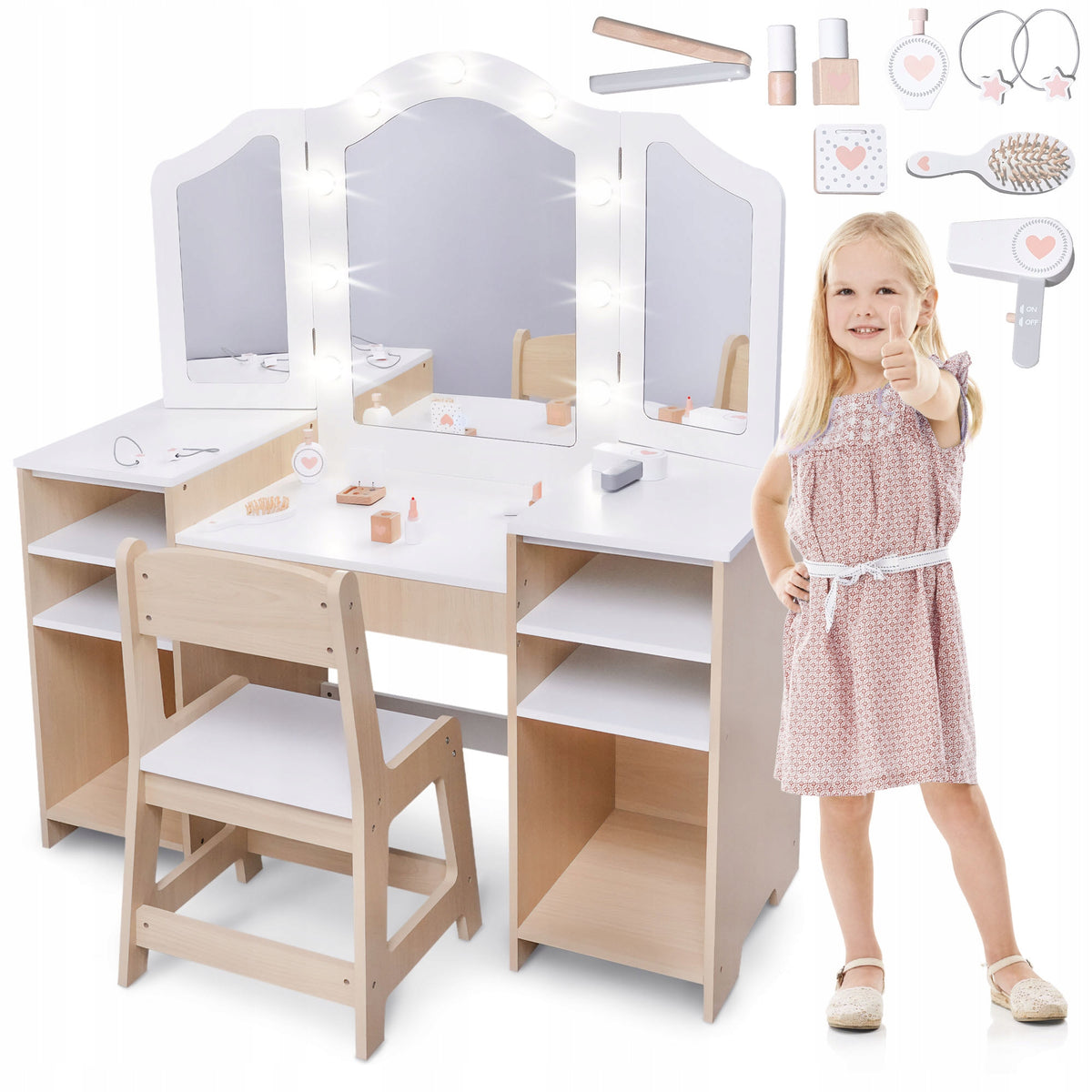 Wooden children's dressing table with chair, accessories and LED lighting
