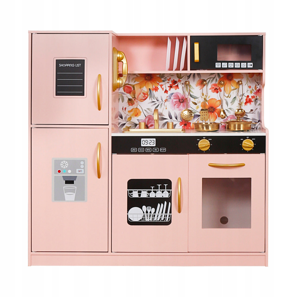 Wooden children's kitchen pink LED with fridge oven