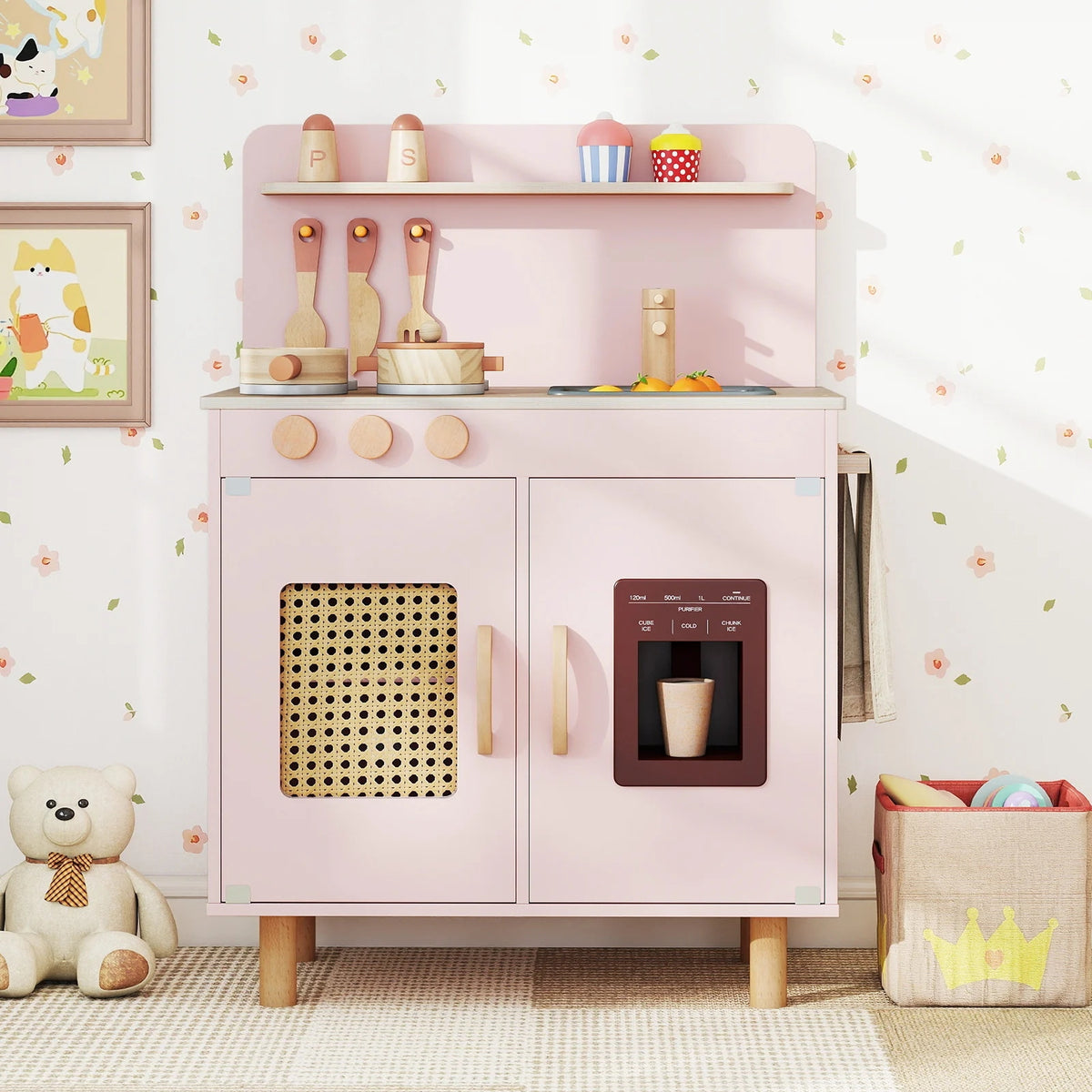 Wooden children's kitchen with cabinet Pink play kitchen Kid's age 3+ years