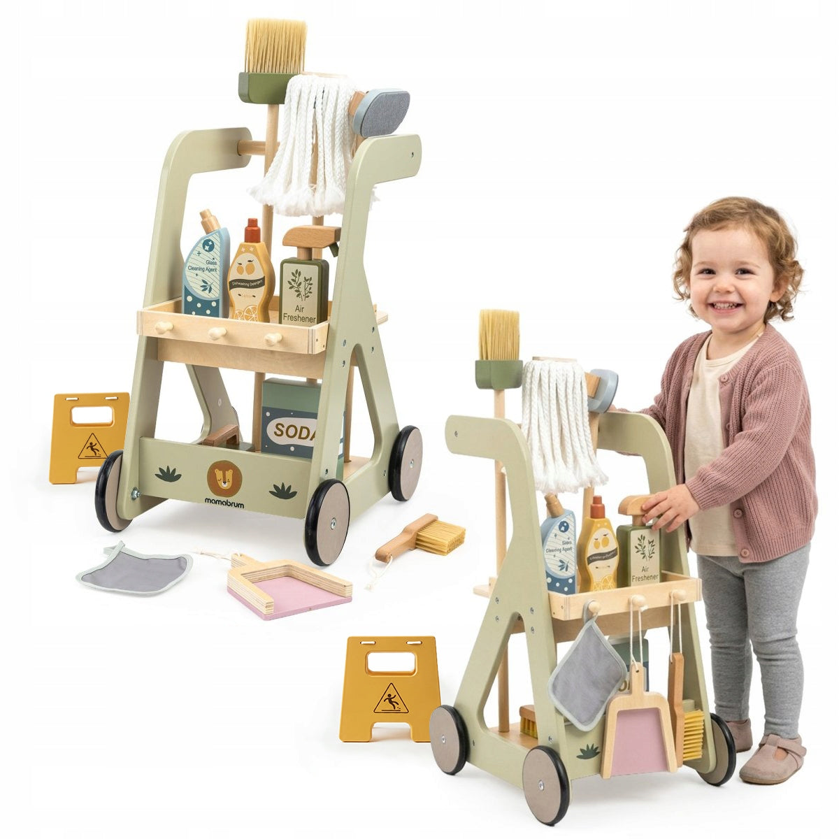 Wooden cleaning kit for children trolley on wheels