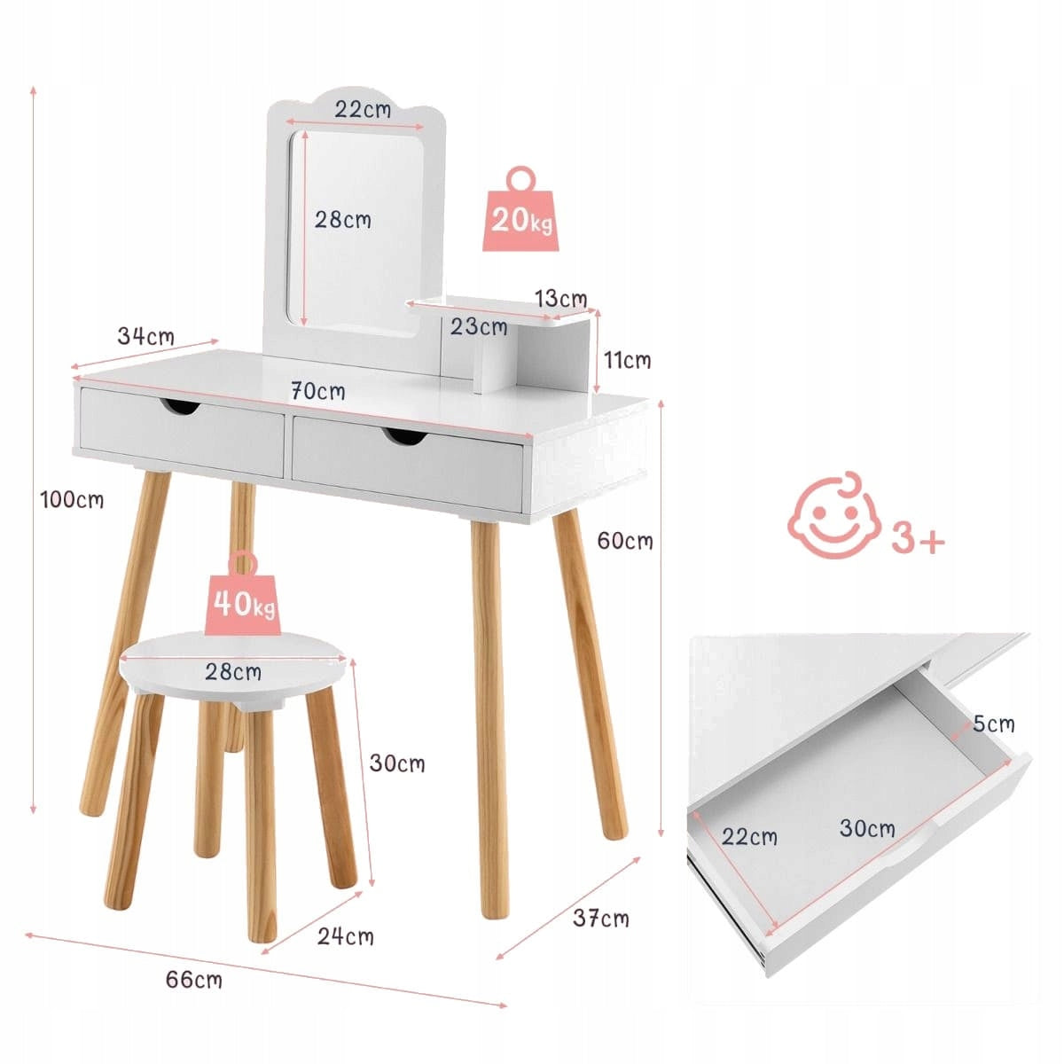 Wooden dressing table with mirror for children + dressing table chair Brand Costway
