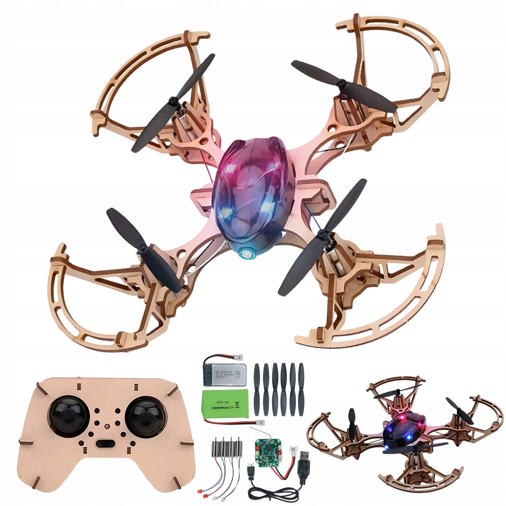 Wooden drone DIY 14+ STEM kit with 360° stunts and button start