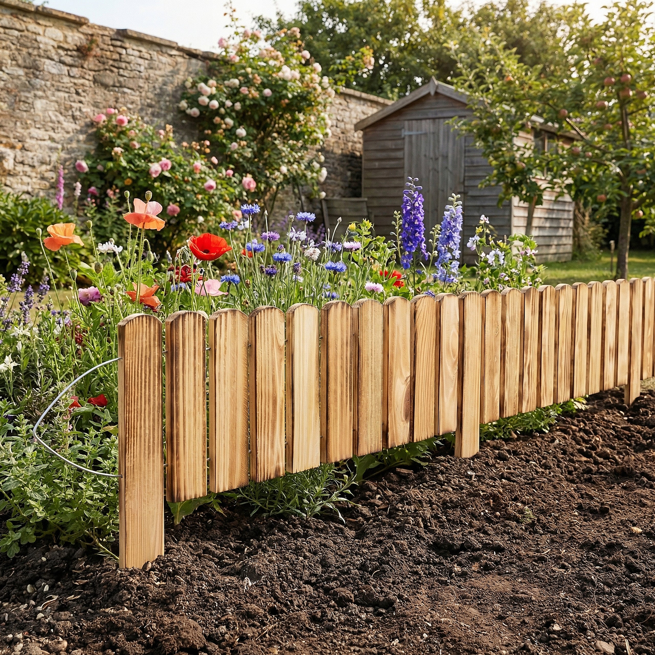 Wooden fence garden fence lawn edging rollborder tan 200x40 Packaging status original