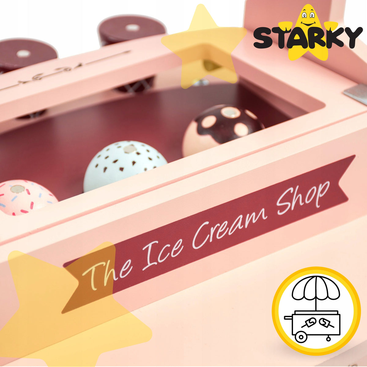 Wooden ice cream parlor for children trolley on wheels with accessories gift Manufacturer code STARKY Zestaw mini lodziarnia drewniana
