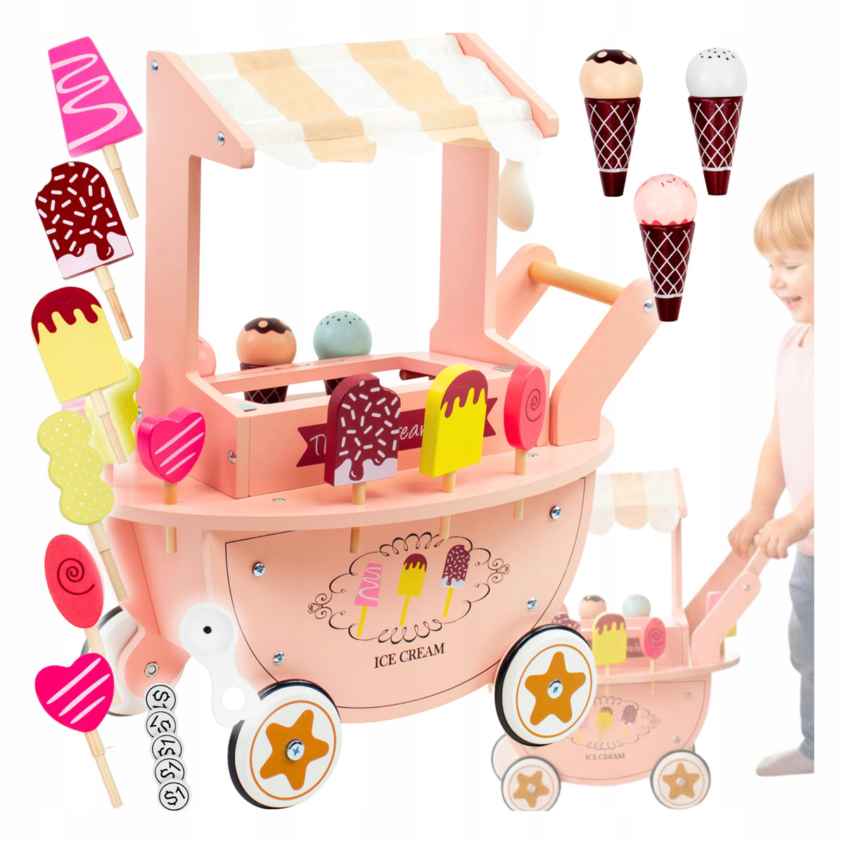Wooden ice cream parlor for children trolley on wheels with accessories gift