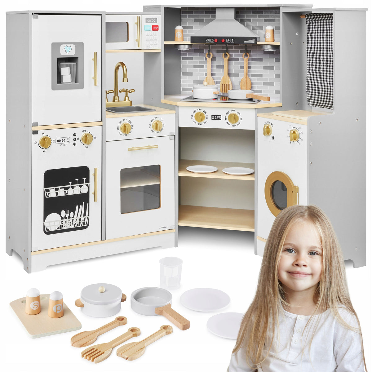 Wooden interactive kitchen XXXL with LED hood lighting and accessories