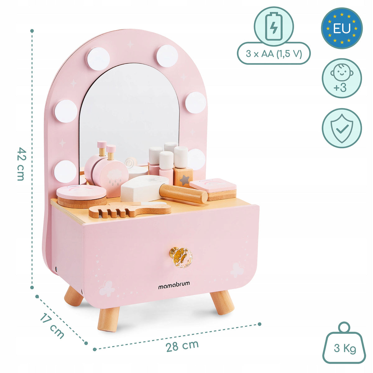 Wooden mini dressing table for children with accessories and LED dimmer Packaging status original