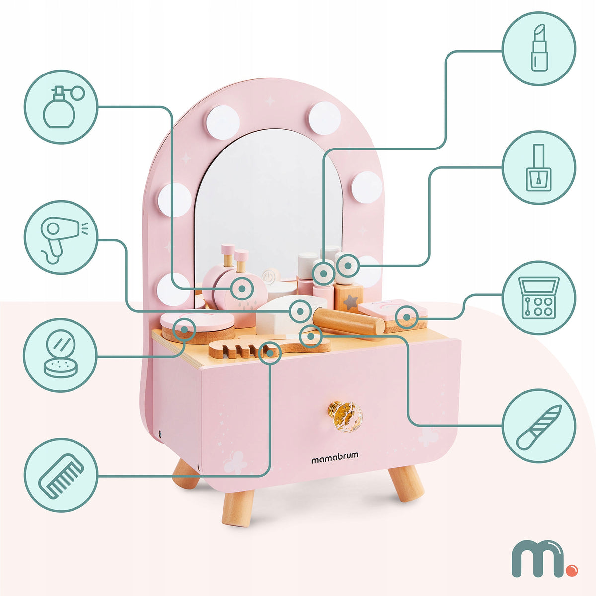 Wooden mini dressing table for children with accessories and LED dimmer