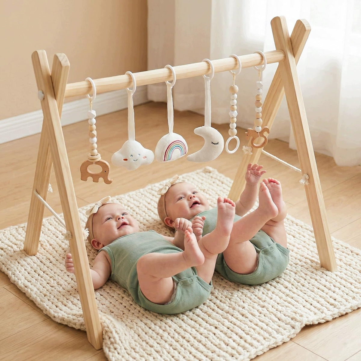Wooden play bow for babies folding trapeze