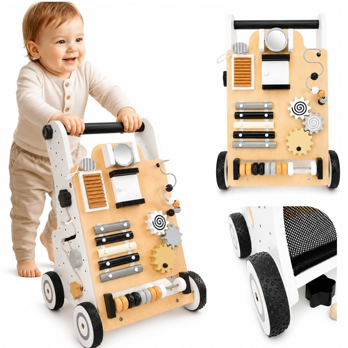 Wooden pusher walker for kids ride-on educational interactive sorter