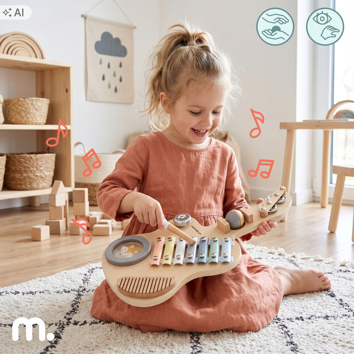 Wooden sensory guitar for children Mamabrum with cymbals and drum Manufacturer code MAM373 GUITAR