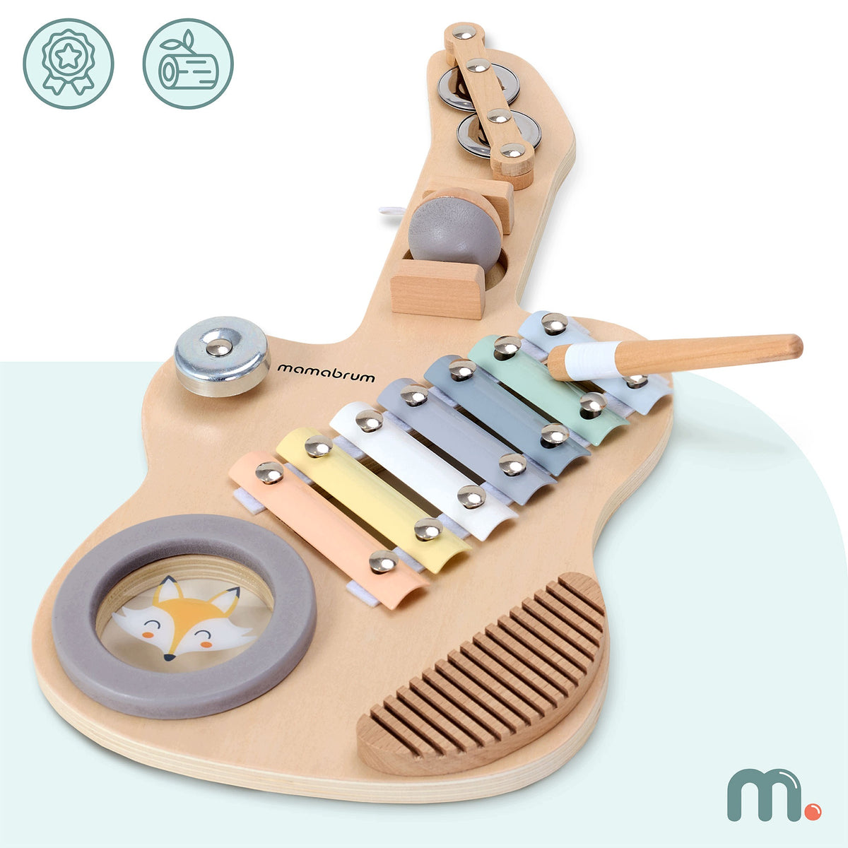 Wooden sensory guitar for children Mamabrum with cymbals and drum Packaging status original