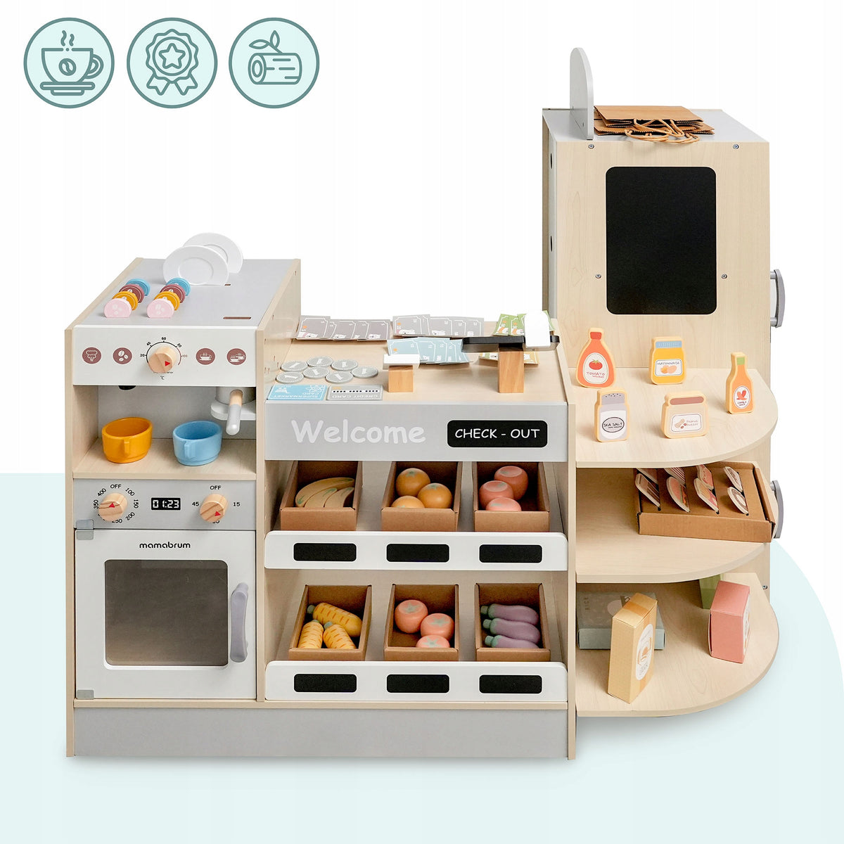 Wooden shop Mamabrum corner with bar and 106 accessories