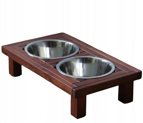 Wooden stand plus two metal bowls for dog size L 2 x1,8l.