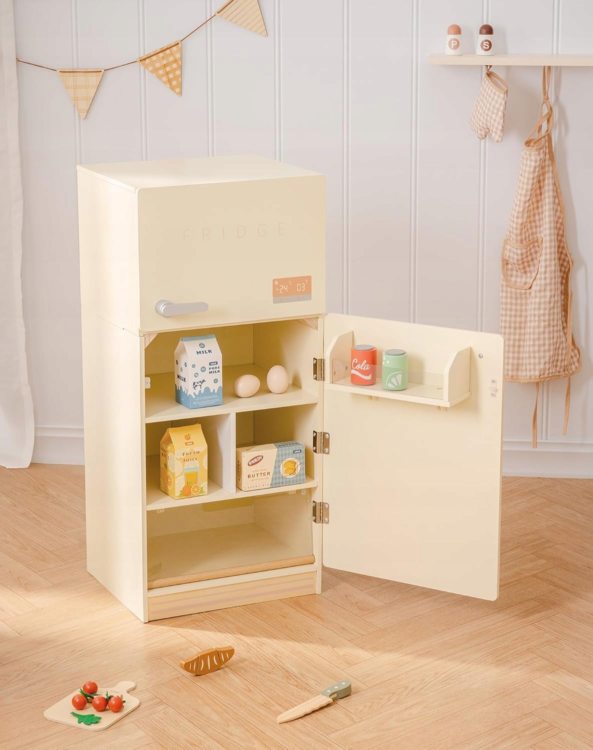 Wooden toy fridge with accessories for children's kitchen ROBOTIME