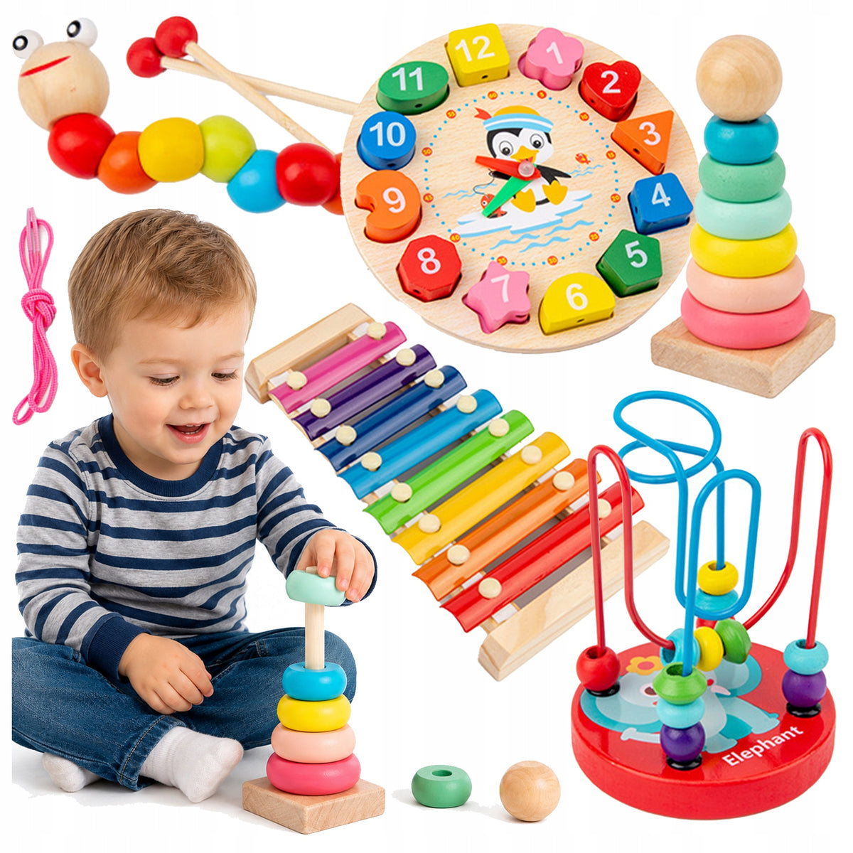 Wooden toys for children set 5in1 cymbals labyrinth tower caterpillar