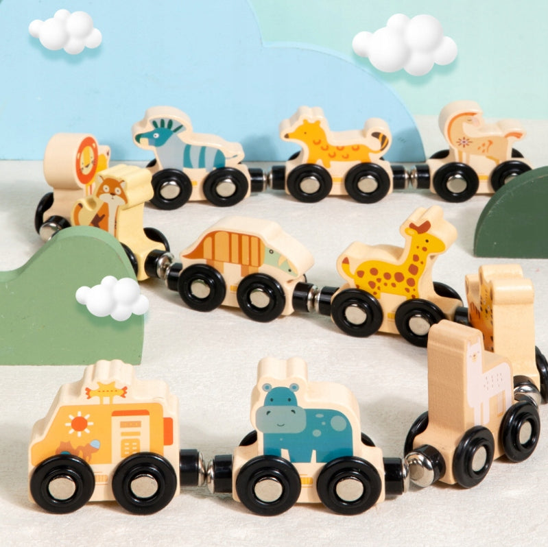 Wooden train animals safari magnetic wagons Montessori toy