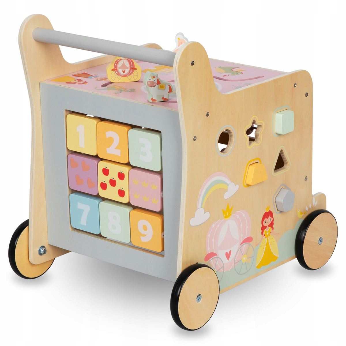 Wooden walker 2in1 with educational cube function, natural - Mamabrum Brand Mamabrum