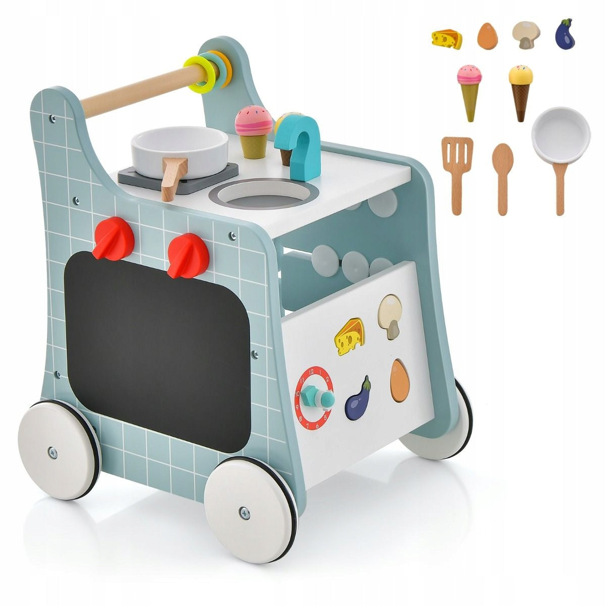 Wooden walker pusher for children kitchen with accessories - blue