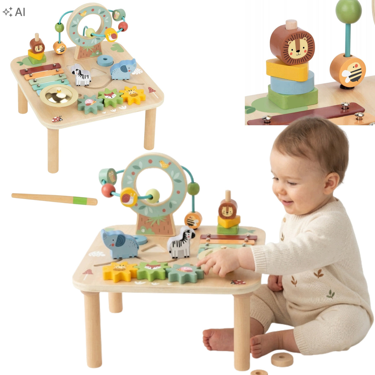 Woopie Green Wooden Educational Table Musical Sensory Labyrinth 5in1