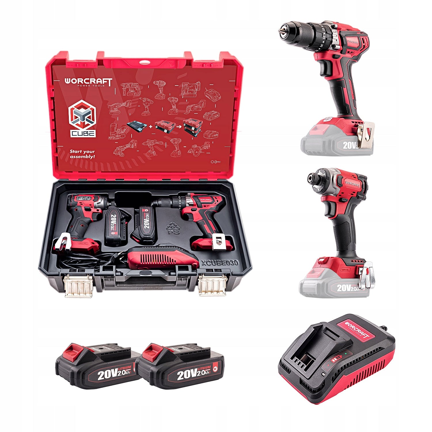 Worcraft XCUBE Impact Drill + Screwdriver +2x Battery 2.0Ah +Case
