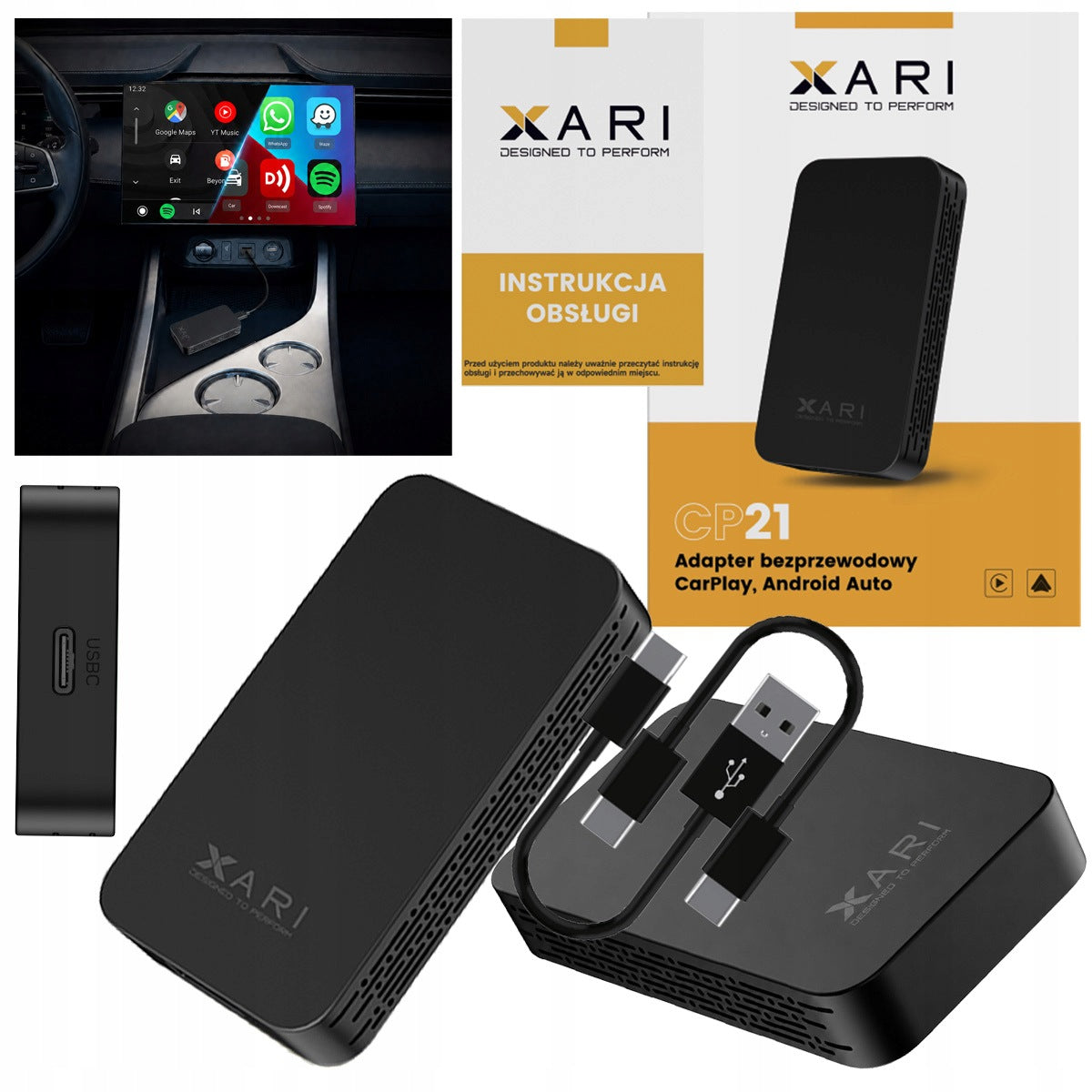 XARI CP21 Wireless CarPlay Adapter Android Auto WiFi BT USB-C USB-A