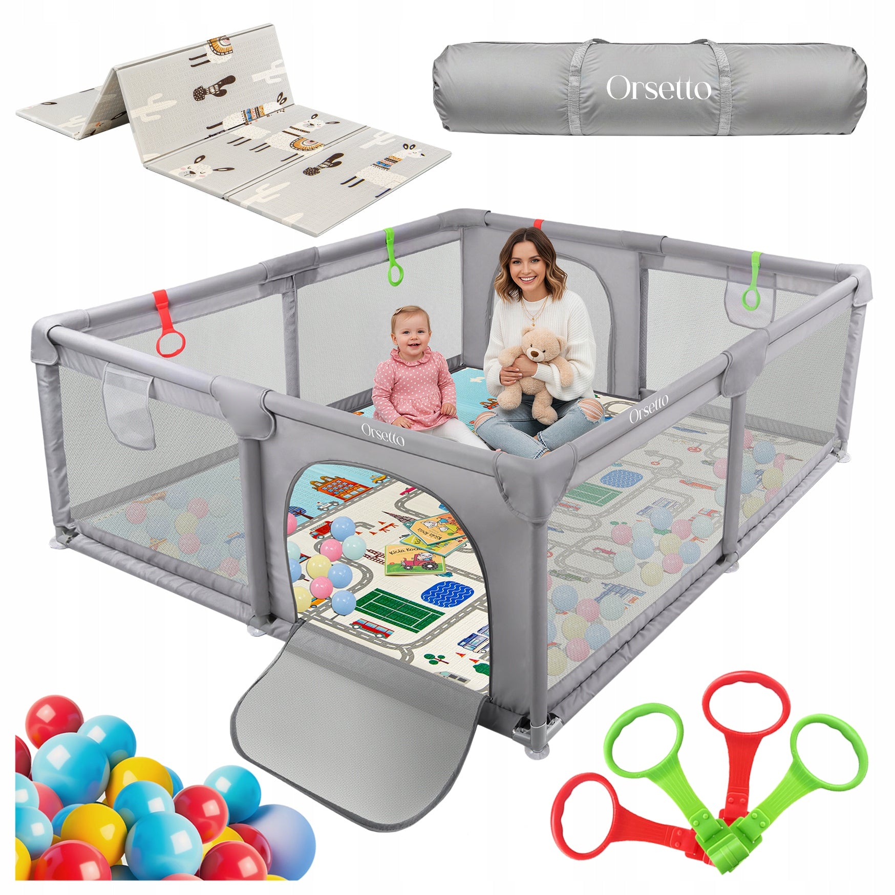 XL CHILDREN'S PLAYPEN WITH FOAM MAT 180x200 cm + 4 HANDLES 50 BALLS