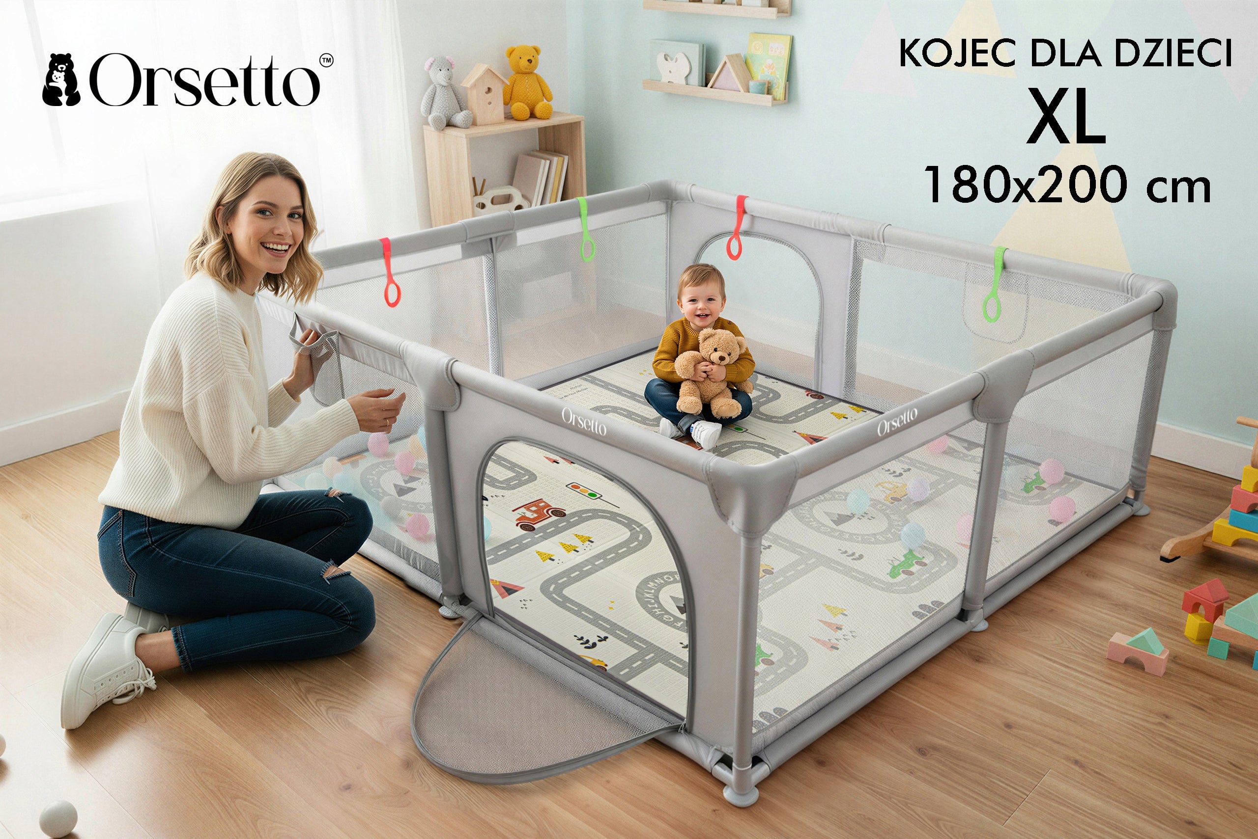 XL CHILDREN'S PLAYPEN WITH FOAM MAT 180x200 cm + 4 HANDLES AND 50 BALLS Brand Orsetto