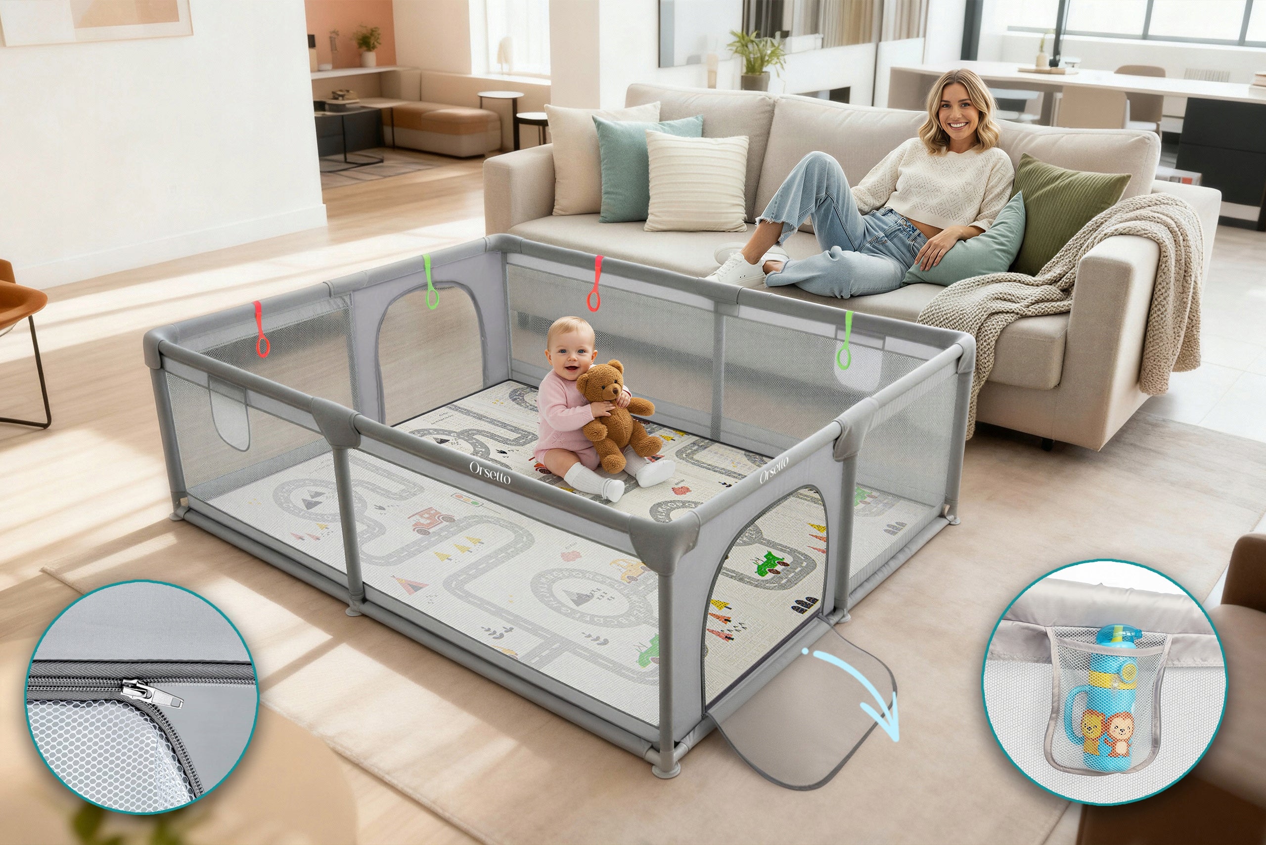 XL CHILDREN'S PLAYPEN WITH FOAM MAT 180x200 cm + 4 HANDLES AND 50 BALLS Product width 200 cm