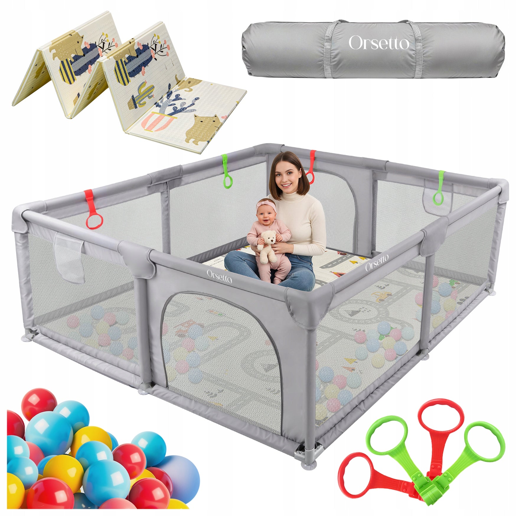 XL CHILDREN'S PLAYPEN WITH FOAM MAT 180x200 cm + 4 HANDLES AND 50 BALLS