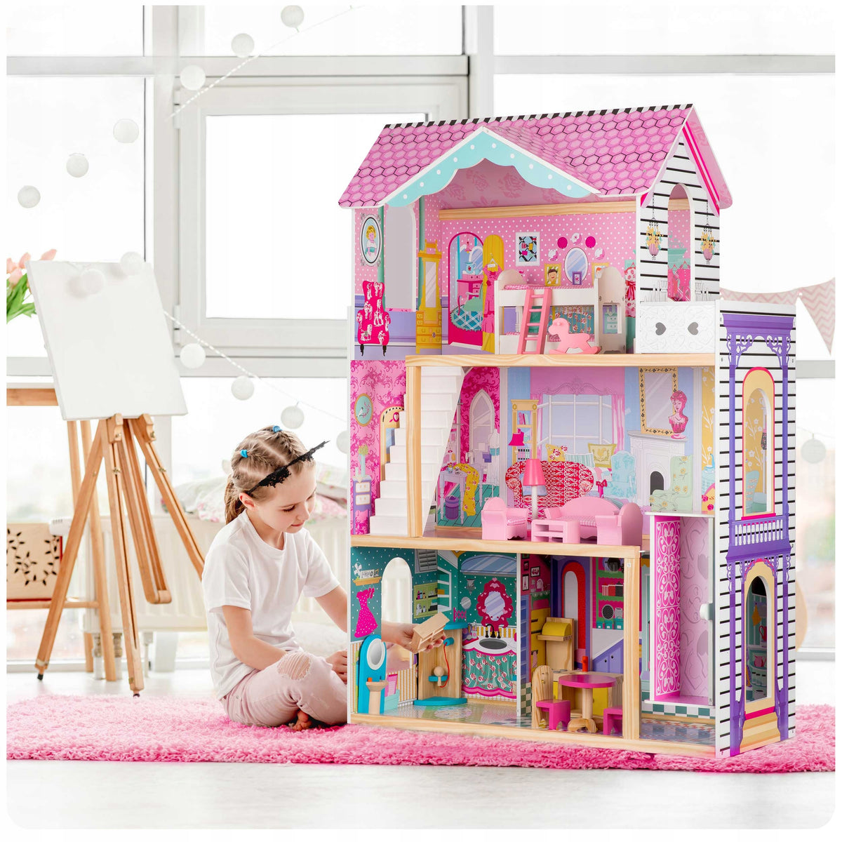 XXL LARGE WOODEN PINK DOLLHOUSE FURNITURE ELEVATOR LED ACCESSORIES Brand RicoKids