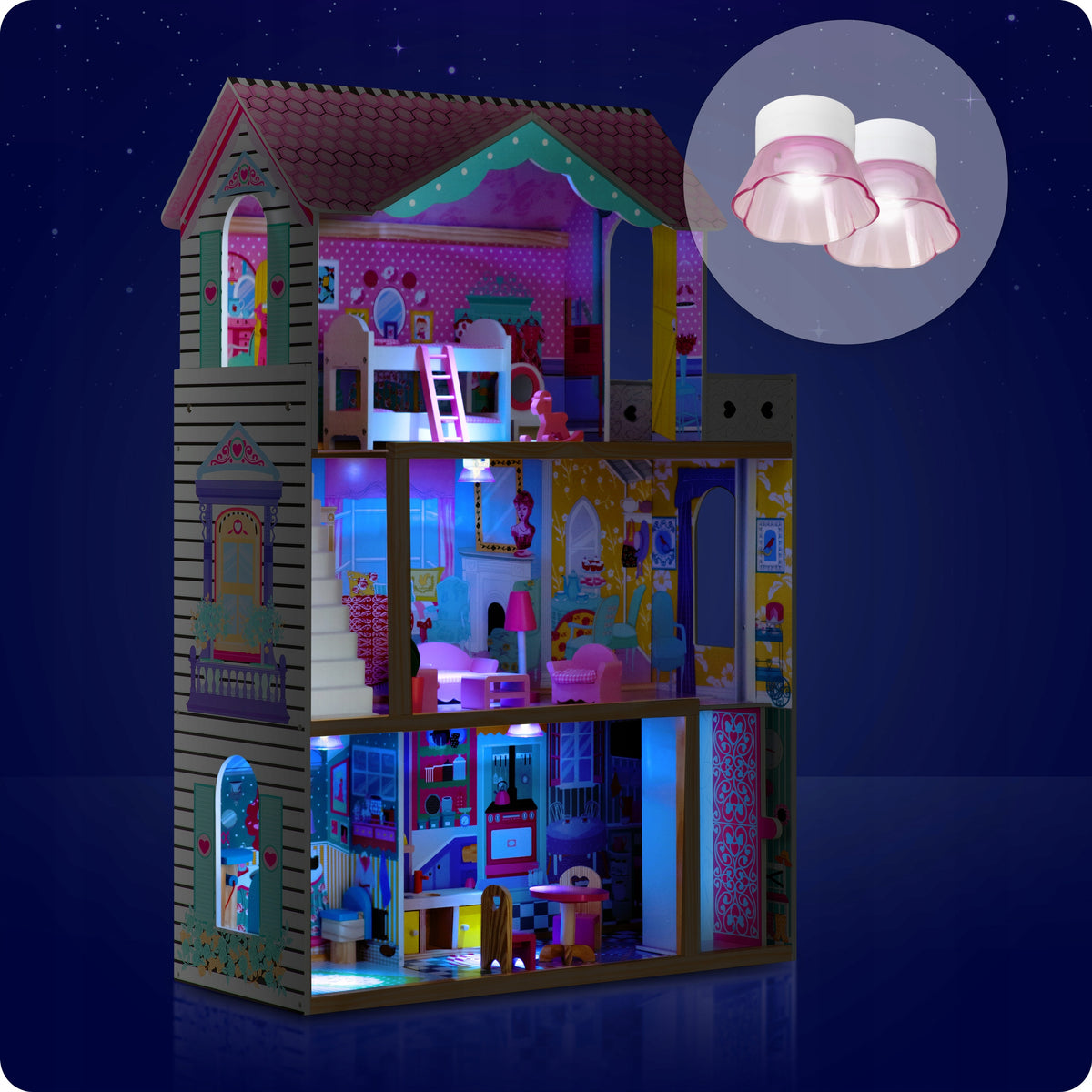 XXL LARGE WOODEN PINK DOLLHOUSE FURNITURE ELEVATOR LED ACCESSORIES Color pink