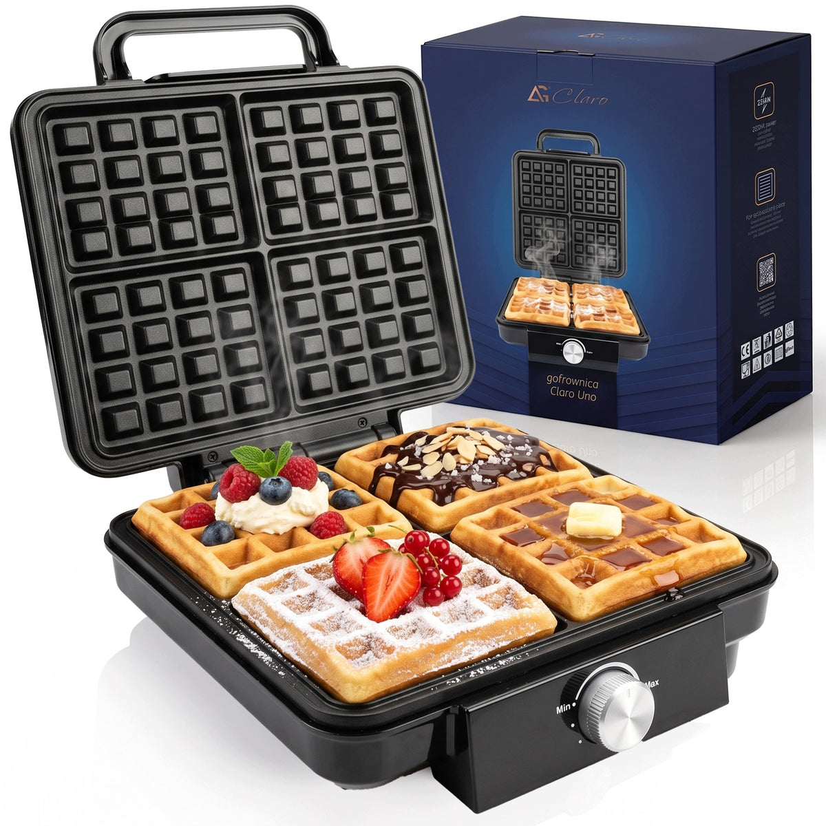 XXL WAFFLE IRON FOR 4 LARGE CRISPY WAFFLES Claro TEMPERATURE CONTROL 2300W