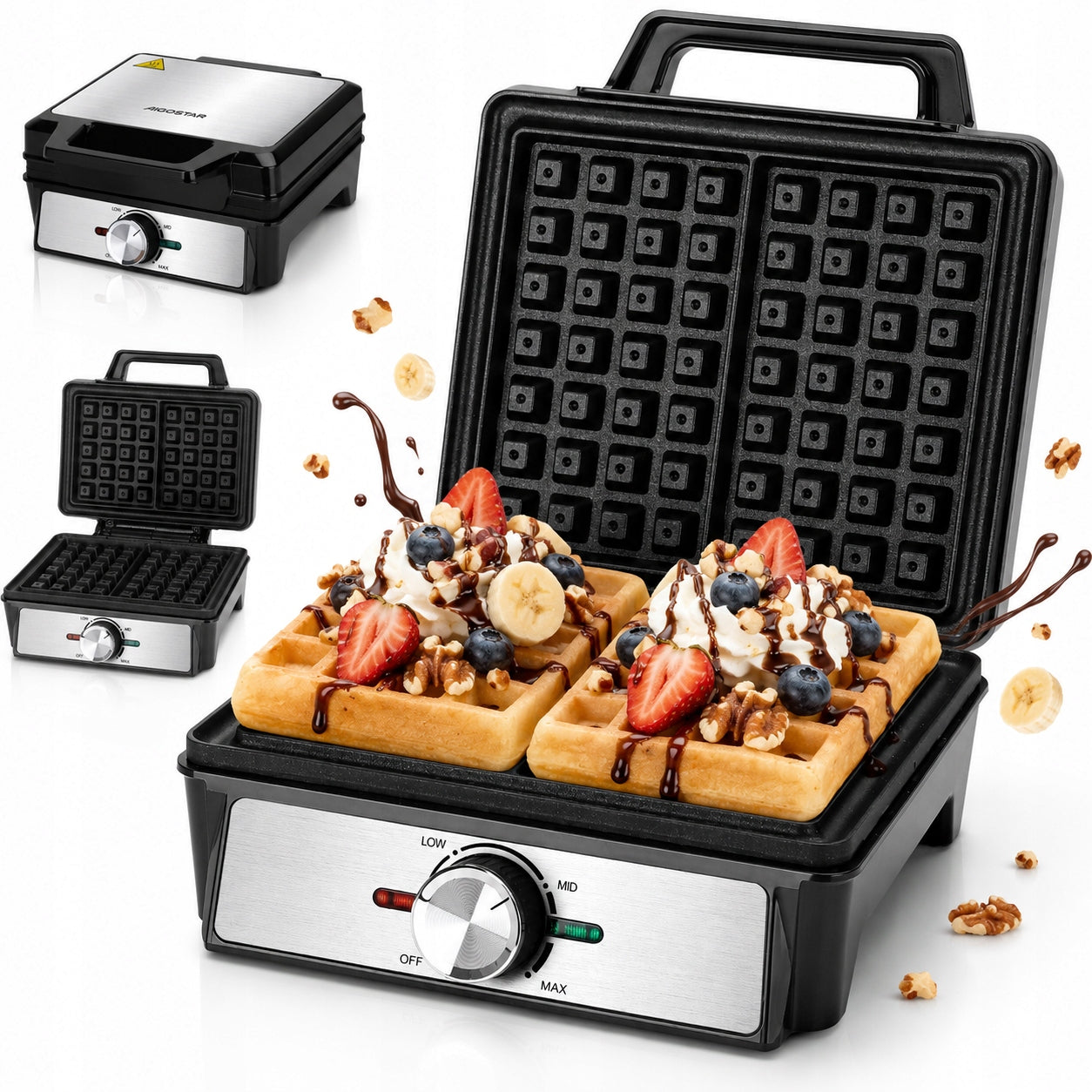 XXL Waffle Iron 1600W 2 Waffles Temperature Control Crunchy