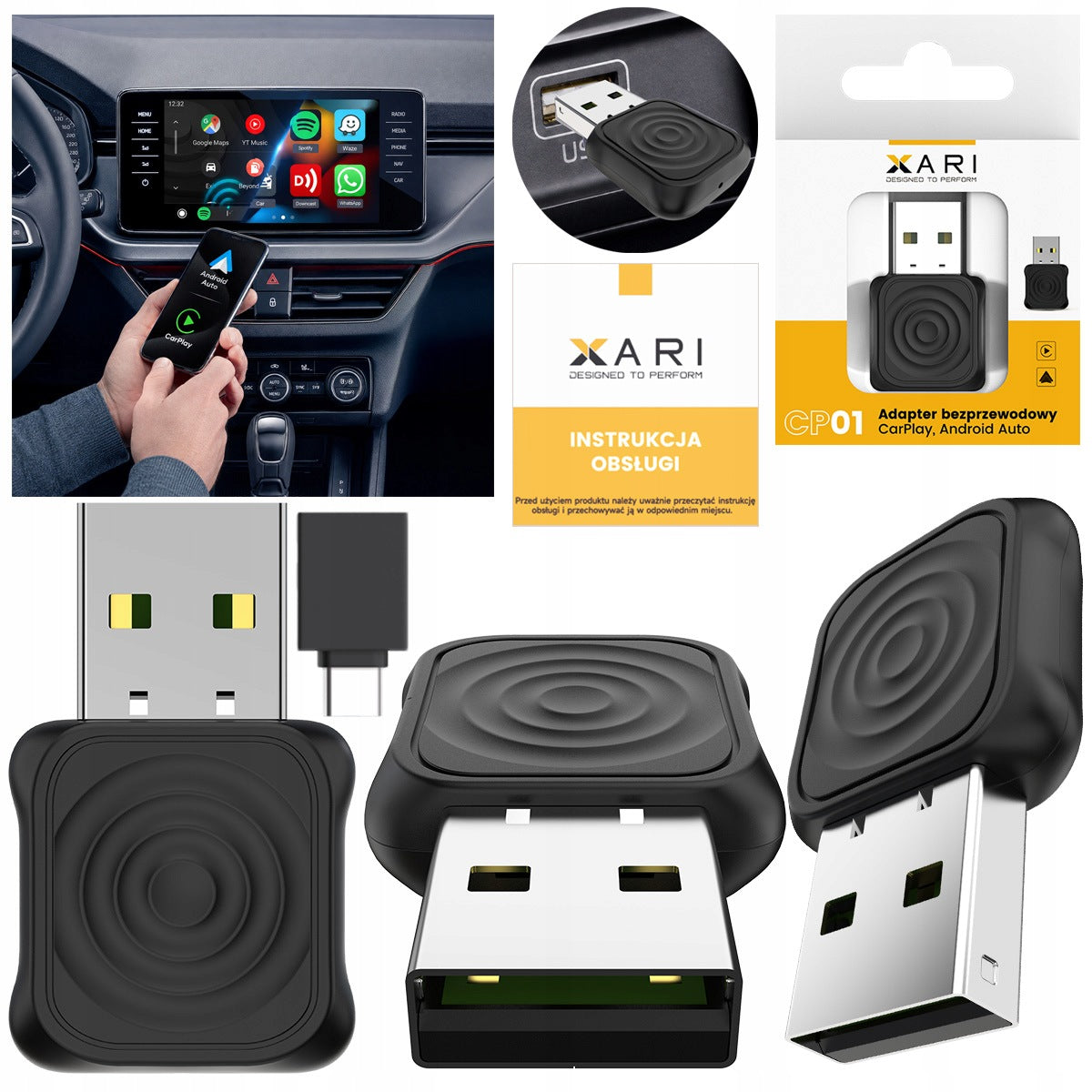 Xari CP01 Wireless Mini CarPlay Adapter Android Auto USB-A USB-C