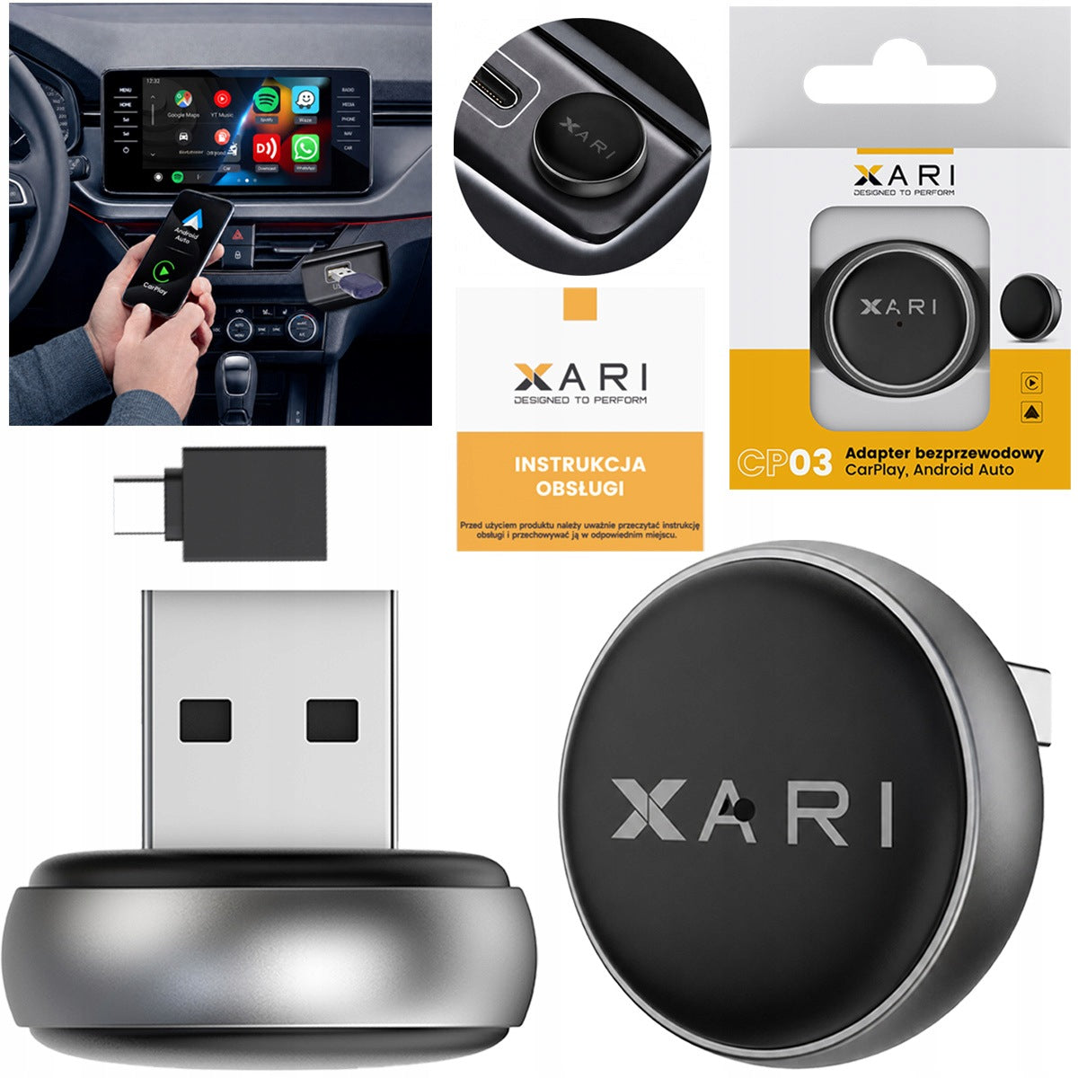 Xari CP03 Wireless Mini Adapter CarPlay Android Auto USB-A USB-C