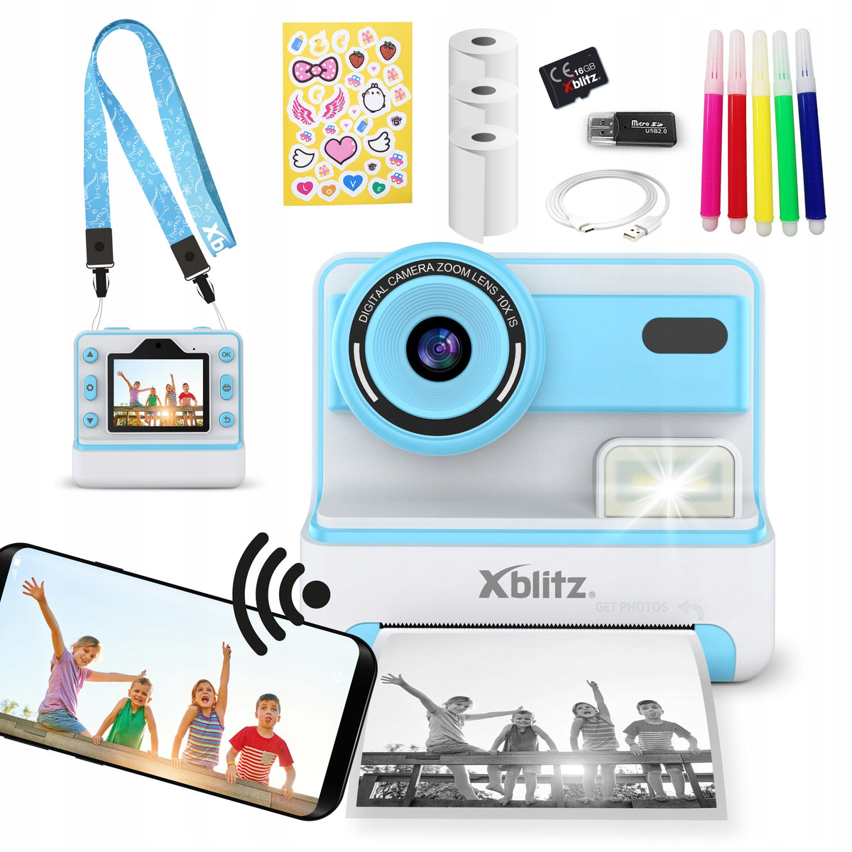 Xblitz FLASH BLUE INSTANT CAMERA THERMAL PRINTER + 3 ROLLS + 16GB