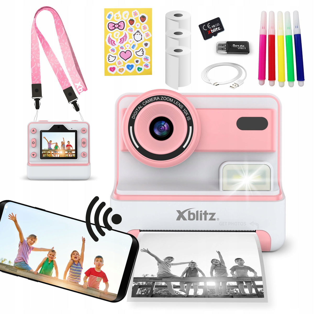 Xblitz FLASH PINK INSTANT CAMERA THERMAL PRINTER + 3 ROLLS + 16GB