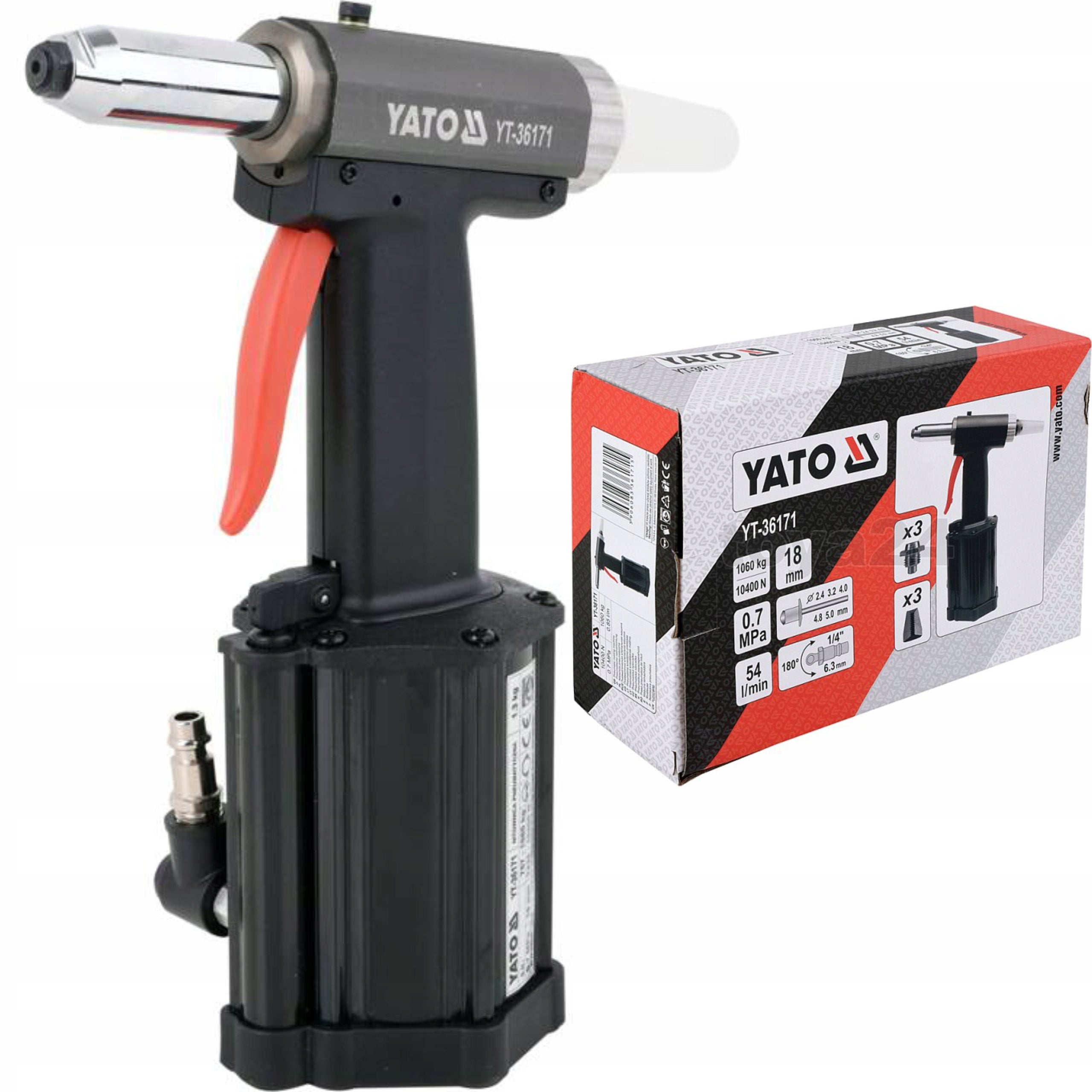 YATO PNEUMATIC RIVETER FOR RIVETS 2,4-5mm 1060kg YT-36171 SET 18mm