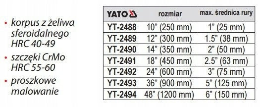 YATO YT-2491 PIPE WRENCH CrMo 2-1/2 INCH 450MM Packaging status original