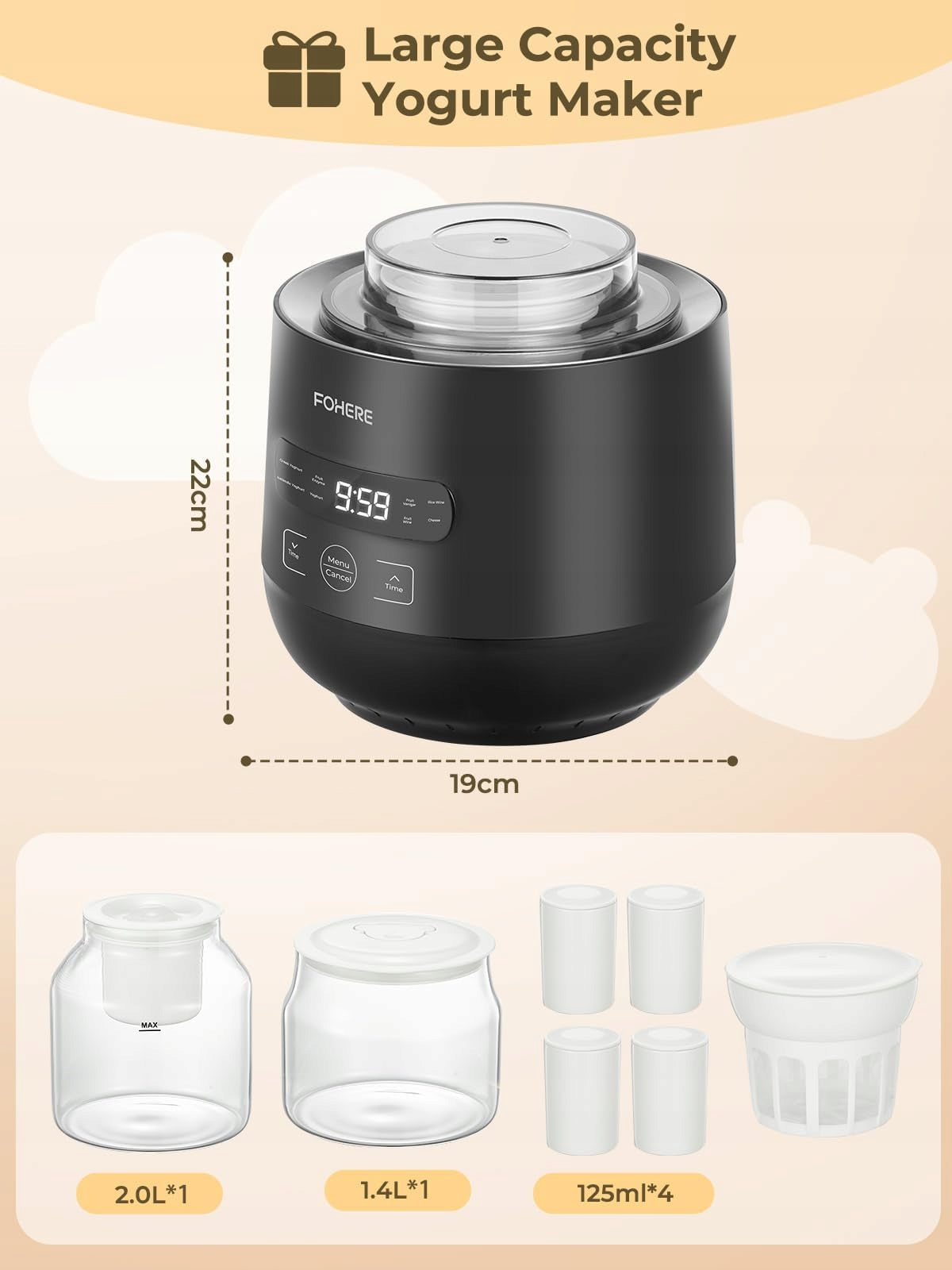 YOGHURT MACHINE FOHERE XXL CONTAINERS 2000ML 1400ML 4 CUPS 8 PROGRAMS Brand no brand