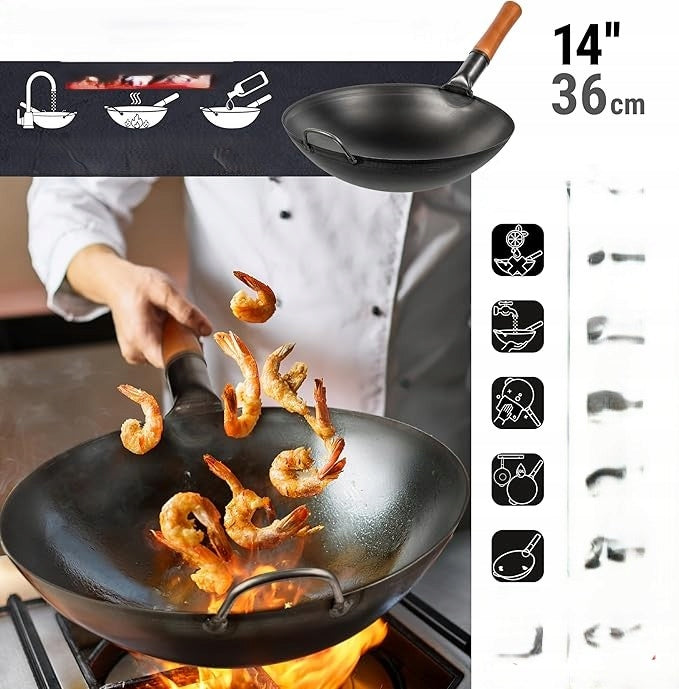 YOSUKATA Carbon Steel Wok 36 cm – Seasoned Wok Stir-Fry Pan Brand YOSUKATA