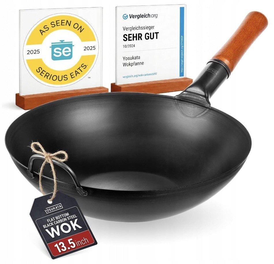 YOSUKATA Wok 34 cm Carbon Steel Pan Wok Gas Induction Flat Bottom