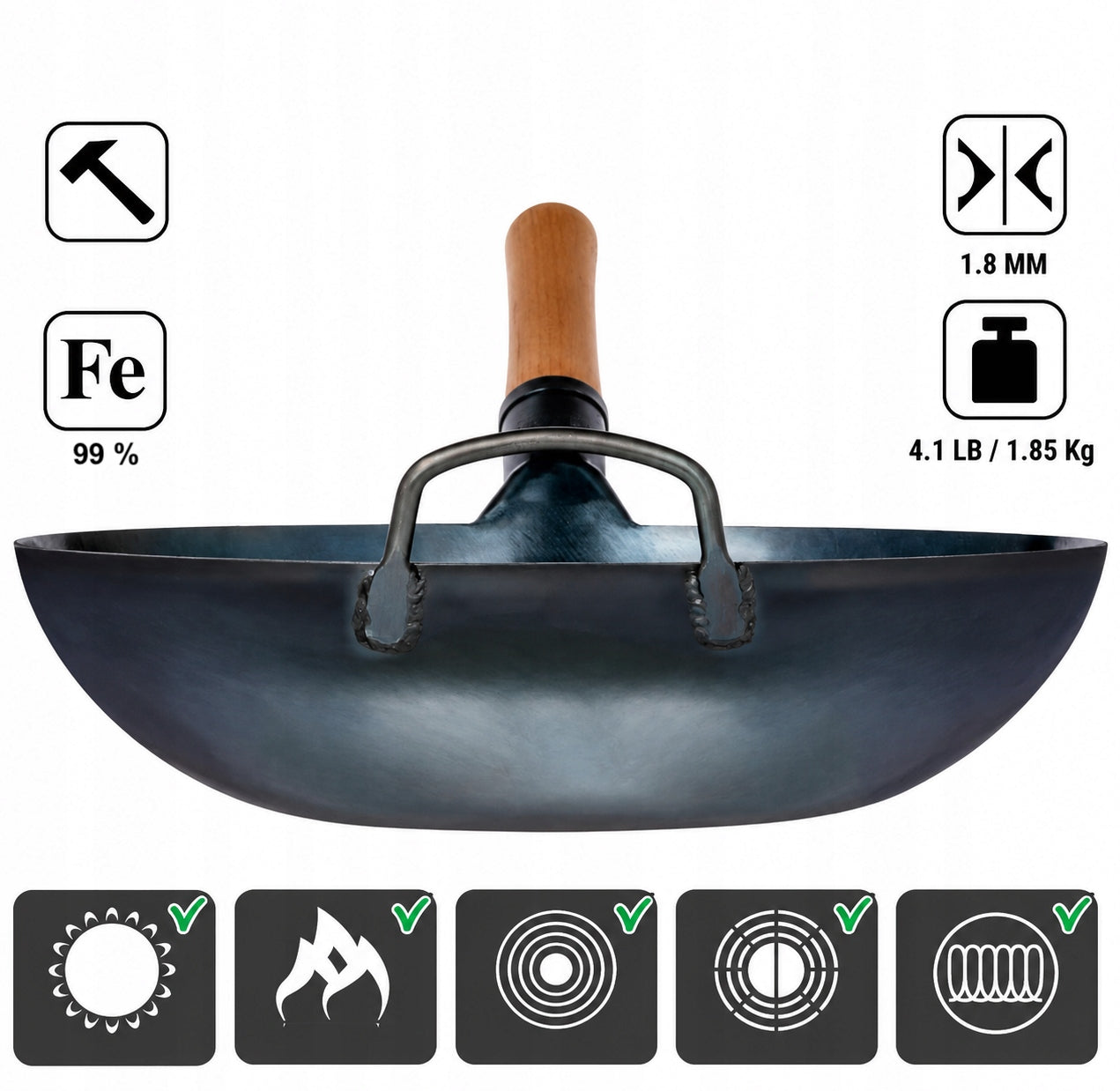 YOSUKATA Wok Carbon Steel 34 cm Flat Bottom Induction Gas Stir Fry Asian Packaging status original