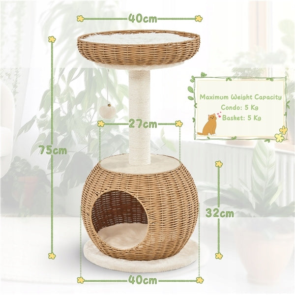 Yaheetech 75 cm High Rattan Cat Tower with Booth, Scratcher, Beige Brand Yaheetech