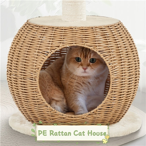 Yaheetech 75 cm High Rattan Cat Tower with Booth, Scratcher, Beige Color beige