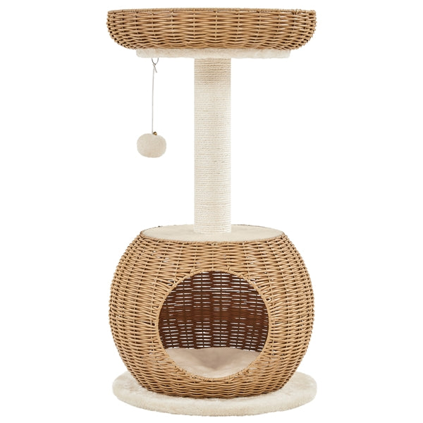 Yaheetech 75 cm High Rattan Cat Tower with Booth, Scratcher, Beige Packaging status original