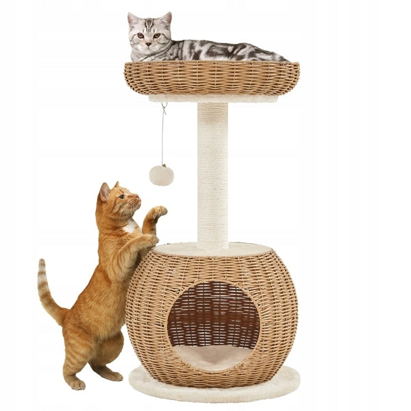 Yaheetech 75 cm High Rattan Cat Tower with Booth, Scratcher, Beige