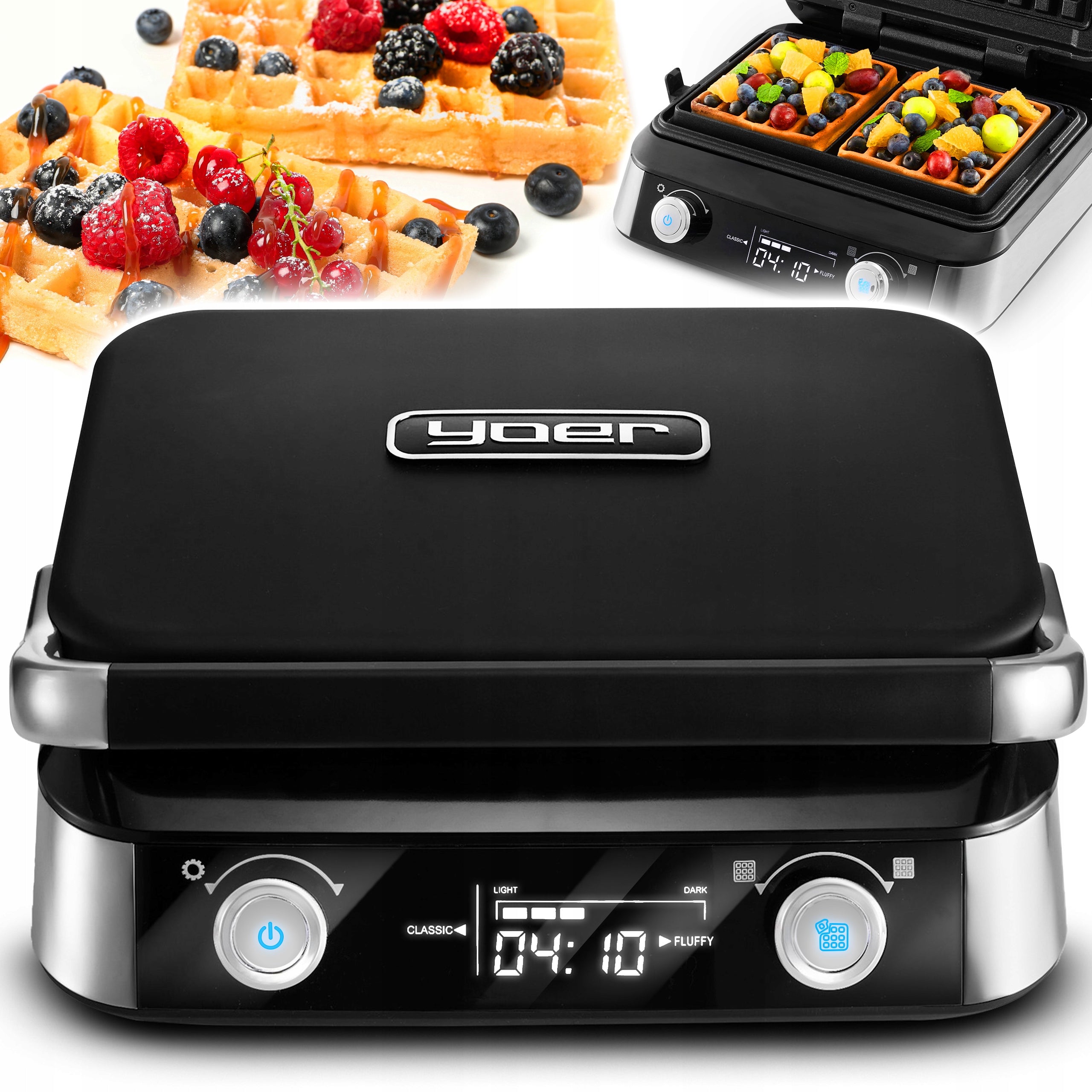 Yoer Waffle Iron 2000W Extra Strong 2 Large Waffles Adjustable Crunch Packaging status original