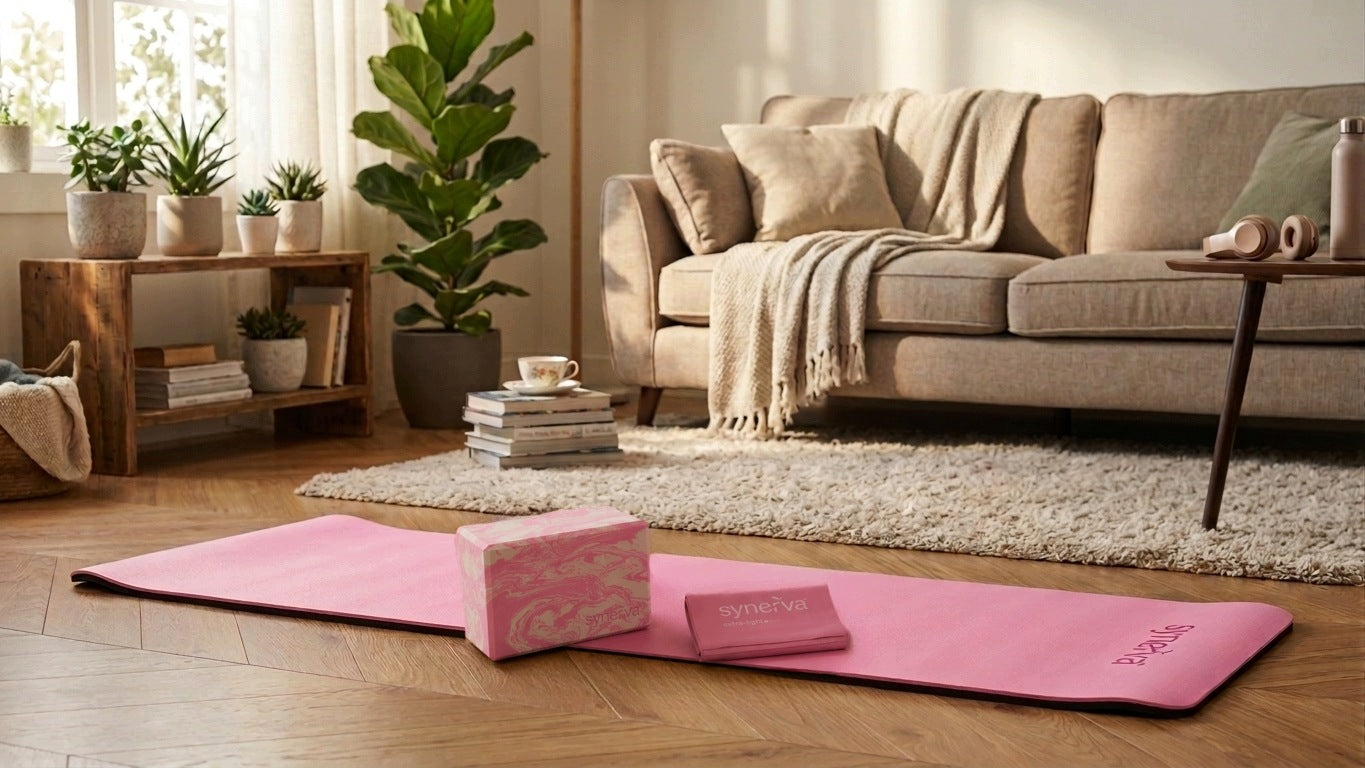 Yoga Set Mat Cube Stretching Tape Fitness Pink Synerva Packaging status original